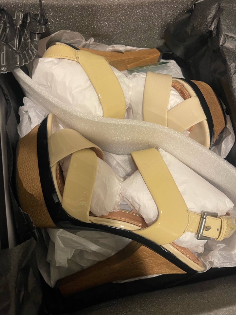 Pelle Moda Cream Patent Leather Wedge Sandals
